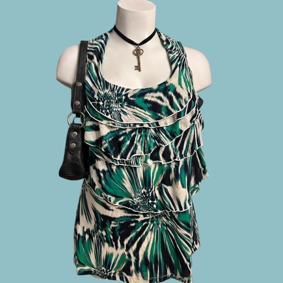 Worthington Tops - Worthington Woman Green Black Abstract Ikat Ruffle Halter Top Plus 3X
